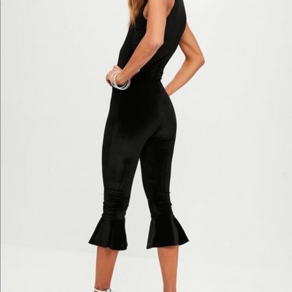 Black Velvet High Neck Ruffle Leg Jumpsuit - Picture 5 of 7